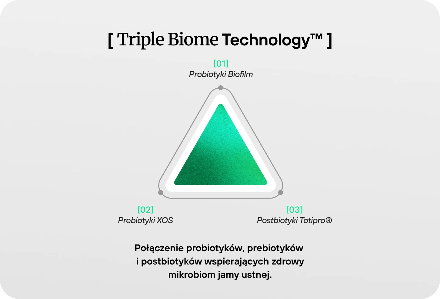 Triple Biome Technology™: połączenie probiotyków (Probiotyki Biofilm), prebiotyków (XOS) i postbiotyków (Totipro®) wspierających zdrowy mikrobiom jamy ustnej.